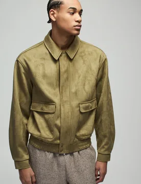 Mens Boxy Faux Suede Utility Pocket Harrington Jacket - Green - Size X-Large - boohooMAN - FashionsVida