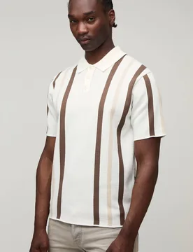Herren Großes, Normal Geschnittenes, Gestreiftes Strick-Poloshirt Ecru Größe XL - boohooMAN - FashionsVida