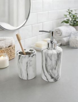 Set da bagno con motivo marmorizzato: dispenser di sapone e portaspazzolini 2 pack - grigio chiaro