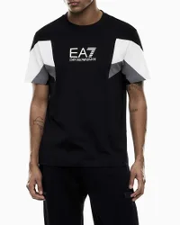 T-shirt mezza manica nera in cotone con inserto bianco e grigio