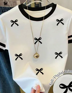 Camiseta de manga corta con cuello redondo y estampado de lazos, informal y linda, adecuada para niñas preadolescentes en verano - Shein - FashionsVida