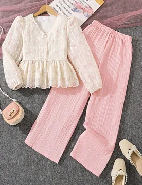 Conjunto de 2 piezas de blusa de manga larga con estampado floral elegante y pantalón de pierna recta para niñas, para primavera/otoño - Shein - FashionsVida