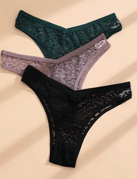 Set de 3 bragas de bikini sin costuras con encaje y cintura en V, ropa interior deportiva cómoda y transpirable para mujeres - Shein - FashionsVida