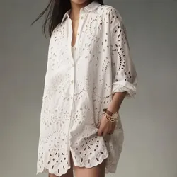 European and American Casual Daily Solid Color Hollow Button-up Lapel Shirt