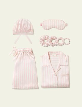 Ensemble Pyjama Court en Soie Charmeuse Rayé Rose Clair – Saint-Valentin