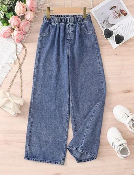 Pieza Jeans sueltos para niñas, pantalones vaqueros de pierna recta casuales con cintura elástica, bolsillos falsos, versátiles para todas las esta - Shein - FashionsVida