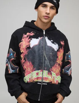 Herren Oversized Boxy Acid Wash Gothic Grafik Zip-Through Hoodie Sweatshirt Black Größe Medium - boohooMAN - FashionsVida