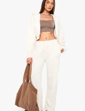 Womens Pintuck Detail Deep Waistband Wide Leg Jogger - Ecru Cotton - Size Medium - Boohoo - FashionsVida
