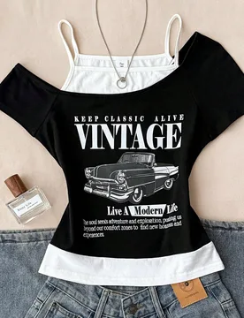 Camiseta para niñas y adolescentes, primavera verano, nueva, casual, minimalista, Y2K, estilo retro vintage, blanco y negro, con estampado gráfico d - Shein - FashionsVida