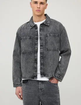 Men's Boxy Oversized Washed Denim Overshirt Shirt Mid Grey Size Small Mid Grey S - boohooMAN - FashionsVida