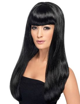 Langhaar-Perücke glatt mit Pony schwarz