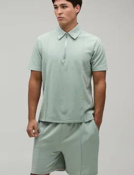 Mens Seam Detail Regular Fit 1/4 Zip Polo & Short Set - Green Cotton - Size Medium - boohooMAN - FashionsVida
