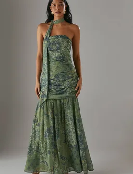 Women's Chiffon Neck Tie Bandeau Ruched Maxi Dress in Khaki Size: 18 - Khaki - Size: 18 - Warehouse - FashionsVida