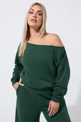 Wide Neckline Sweatshirt - Dark Green - Size: 16