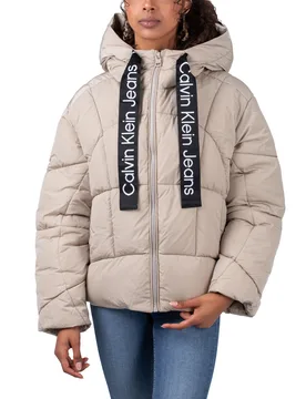 Logo Drawstring Short Jacket Plaza Taupe M Damen - Calvin Klein - FashionsVida