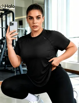 Camiseta deportiva casual para mujer de talla grande, cuello redondo con bajo curvo, color negro - Shein - FashionsVida