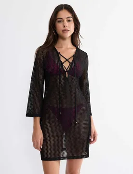 Crochet Lace V-Neck Mini Beach Dress Black female - Triumph - FashionsVida