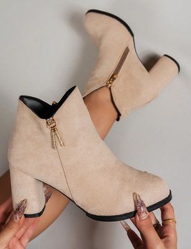 Botas de moda con tacón grueso y punta redonda para mujer, otoño/invierno 2025, botas beige con cierre lateral minimalista y decoración de rhinesto