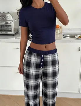 Set de 2 piezas de Top cuello redondo y Pantalones a cuadros para mujer, conjunto de ropa informal - Shein - FashionsVida