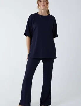 Women's Waffle Trouser & T-Shirt Set in Navy Size: Small - Navy - Size: S - Blue Vanilla - FashionsVida