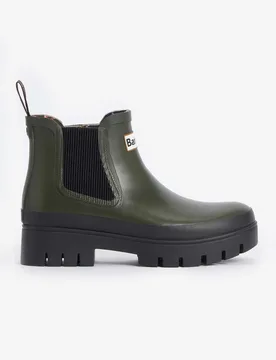 Stivaletti verde militare in gomma modello Halton con suola alta in gomma a contrasto di colore - Barbour - FashionsVida