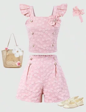 Set de 2 piezas de chaleco y pantalones cortos con estilo de princesa dulce para niñas preadolescentes, con bordado floral y decoración de botones, - Shein - FashionsVida