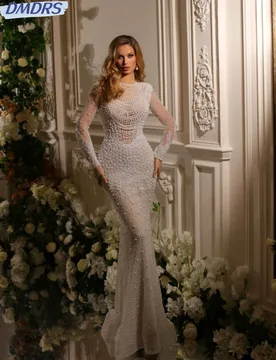 Classic O-neck Long Sleeve Bride Robe Sparkly Pearls Bridal Gown Luxury Mermaid Long Wedding Dress Customized Robe De Mariée - Aliexpress - FashionsVida