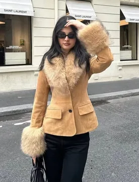 Single-Breasted Faux Suede Blazer with Fluffy Fur Collar and Cuffs Slim Fit Vintage Style Elegant Autumn Winter Coat - Aliexpress - FashionsVida