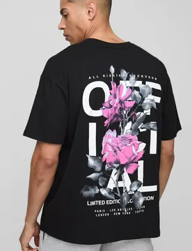 Herren Übergroßes Rosen-Print Offizielles T-Shirt Black Größe Large - boohooMAN - FashionsVida