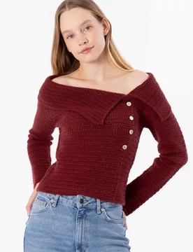 Women's Knitted Blouse with Button Detail Burgundy Size: Small - Burgundy - Size: S - Dexia - FashionsVida