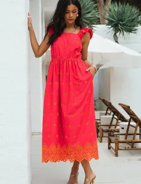 Women's Pink Ruffle Sleeves Broderie Sun Dress Size: 12 - Pink - Size: 12 - Gini London - FashionsVida