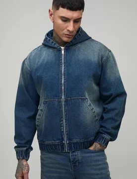 Herren Großer Gewaschener Denim-Kapuzenpullover Mit Reißverschluss Mid Blue Größe Large - boohooMAN - FashionsVida