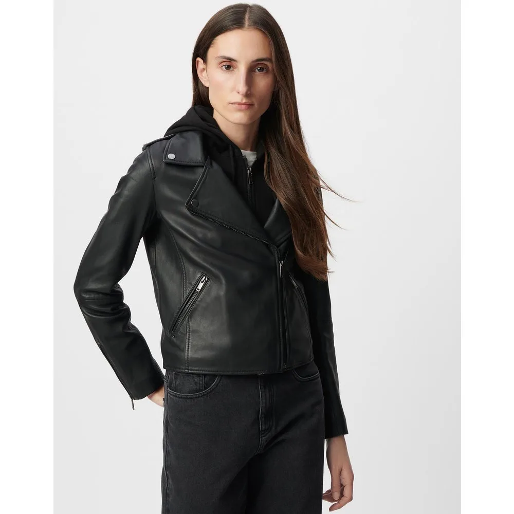 Cazadora biker de mujer de cuero con capucha amovible - IKKS - FashionsVida