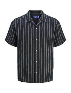 Camicia bowling a mezze maniche blu in tessuto goffrato di puro cotone a righe bianche - Jack & jones - FashionsVida