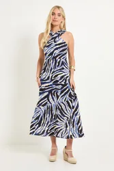Womens Petite Abstract Twist Neck Maxi Dress - Blue Viscose - Size 8 Uk