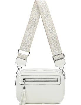Quadruple Zipped PU Leather Tassel Crossbody Camera Bag with Canvas Strap - White - Size: One Size - Fontanella Fashion - FashionsVida