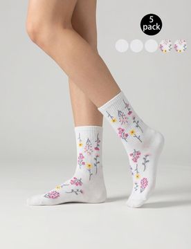 Set di calzini bianchi con motivo floreale e modelli tinta unita 5 pezzi - multicolor
