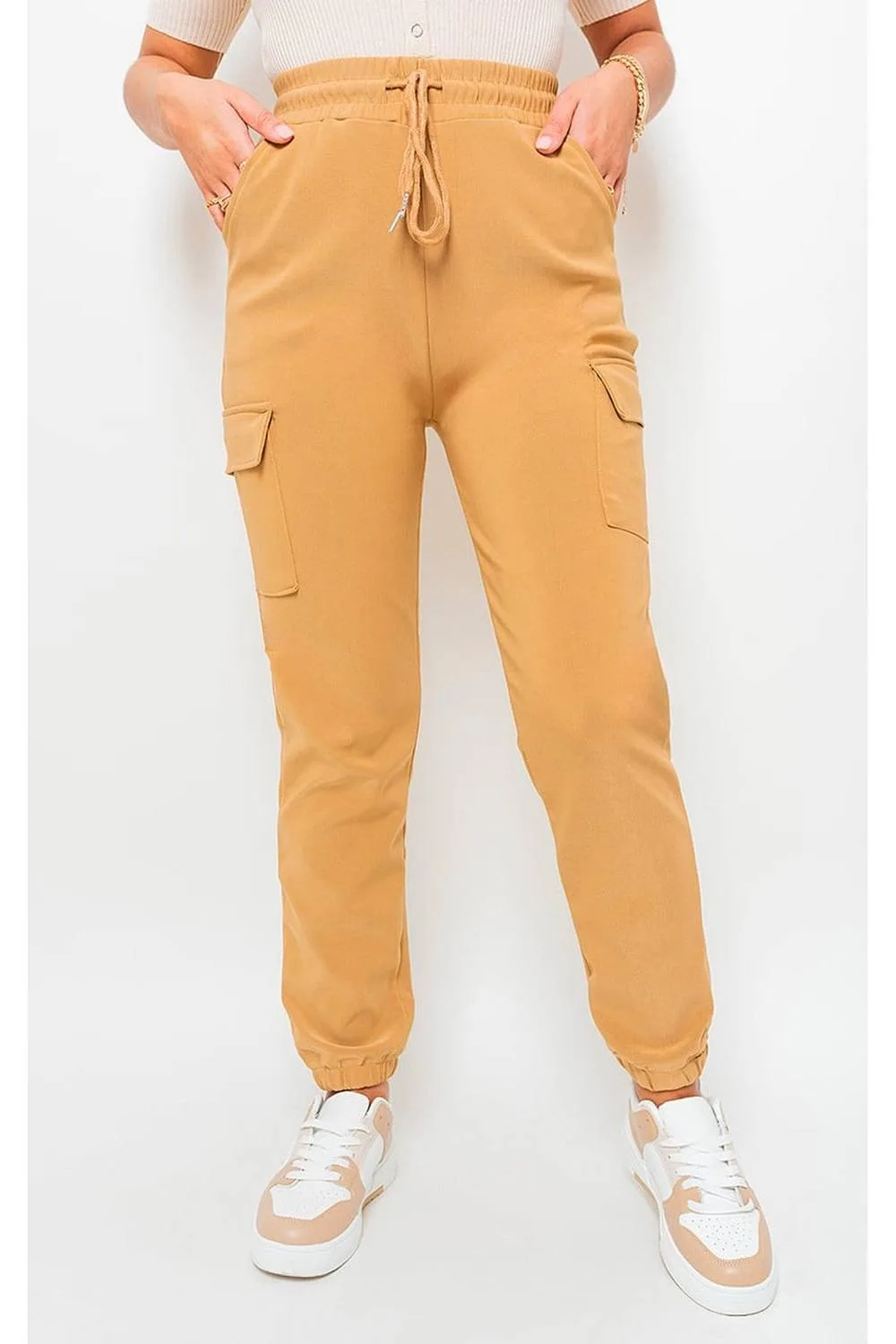 Plus Size Frankie Cargo Pocket Trouser With Drawstring - Camel - Size: 2XL - IKRUSH - FashionsVida
