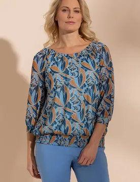 Women's Printed Mesh Smocked Hem Top in Blue Size: 20 - Blue - Size: 20 - Klass. - FashionsVida
