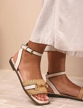 Women's 'Bonnie' Pu Straw Detail Strap Sandals With Buckle Closure in Cream Size: 5 - Cream - Size: 5 - Where's That From - FashionsVida