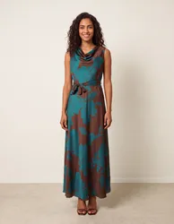 Floral Satin Cowl Neck Dress - L / CHOCOLATE/TEAL - female