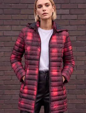 Check Print Quilted Puffer Coat - Burgundy - Size: 14 - Roman - FashionsVida