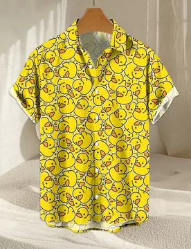 Camisa de hombre con estampado en 3D de pato amarillo de verano con diseño de aplicación - Shein - FashionsVida