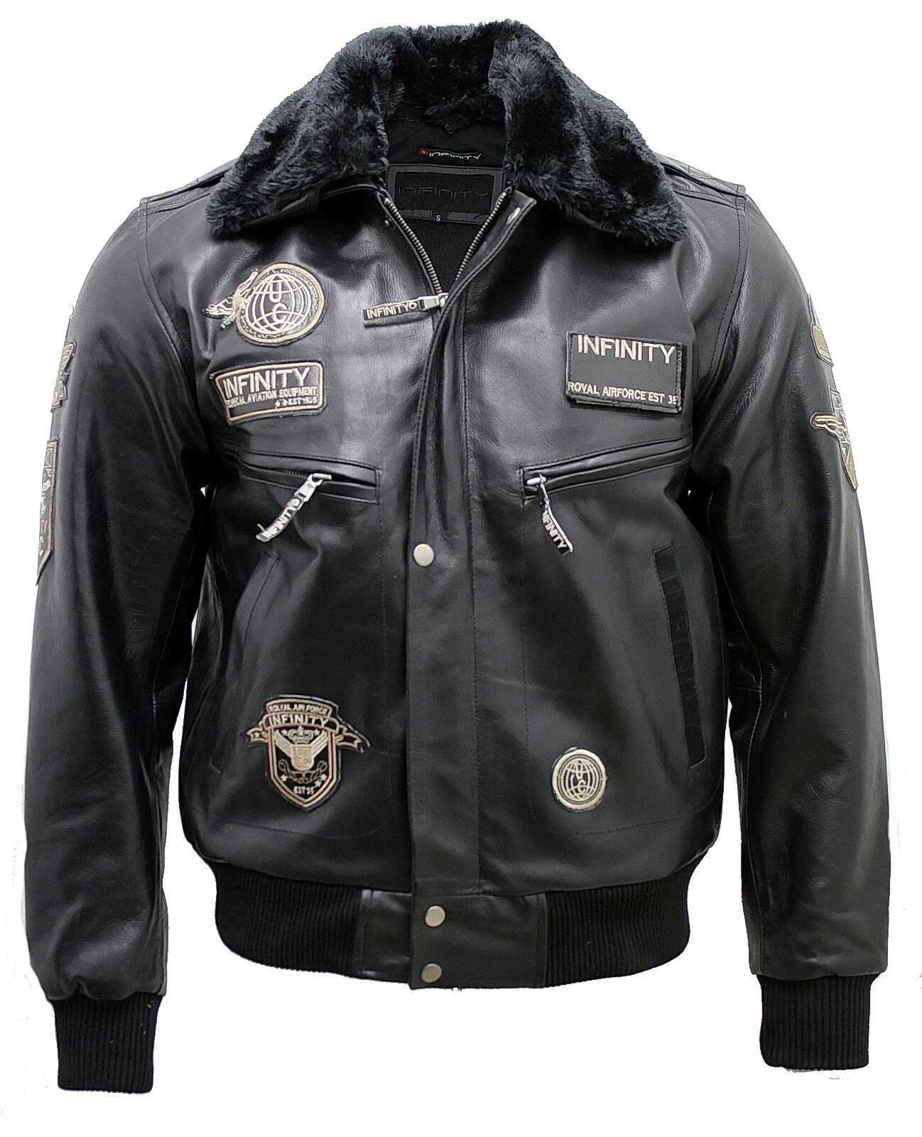 Mens Cow Hide Detachable Collar Flight Bomber Jacket - Black - Size Small - Infinity Leather - FashionsVida