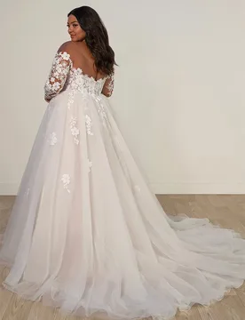 Plus Size O-neck Tulle Wedding Dress Long Sleeves Appliques Backless Floor Length Civil A-line Bridal Gown vestidos de novia - Aliexpress - FashionsVida