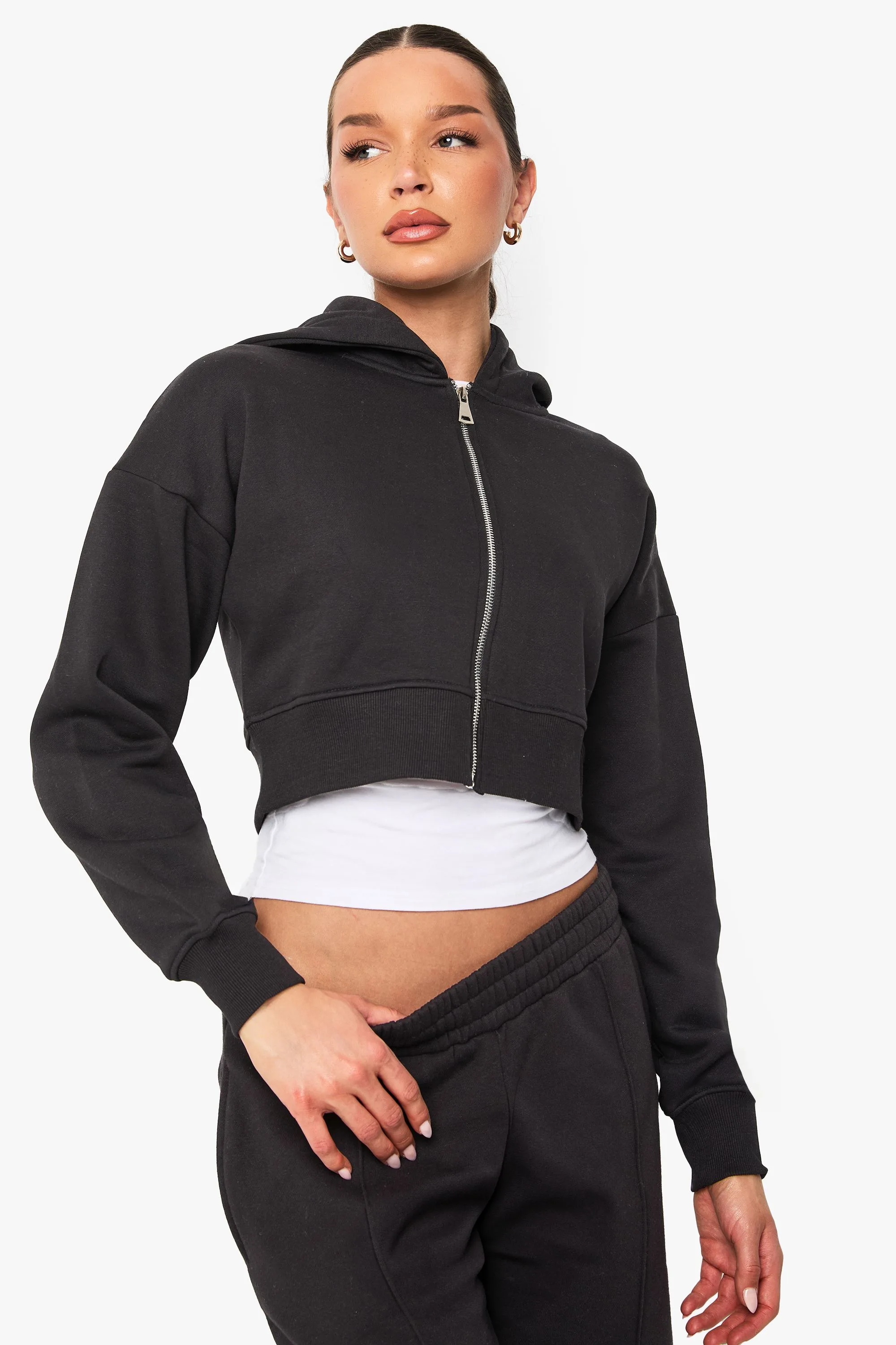 Womens Shrunken Zip Through Hoodie - Black Cotton - Size Medium - Boohoo - FashionsVida
