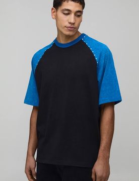 Herren Oversized Heavyweight T-Shirt mit Nieten und kontrastierenden Raglan-Ärmeln in Acid-Wash-Optik Black Größe Large