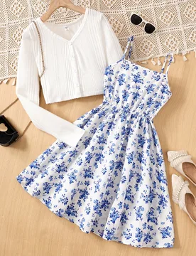 Conjunto de 2 piezas para adolescentes que incluye chaqueta de cárdigan de punto acanalado y vestido de tirantes de cintura con estampado floral menu - Shein - FashionsVida