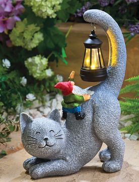 Dekofigur Solar Katze mit Zwerg