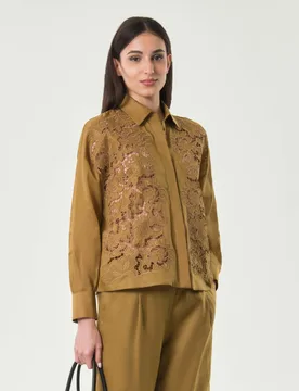 Camicia boxy ocra Studio in tela ramié con ricamo - Max Mara - FashionsVida